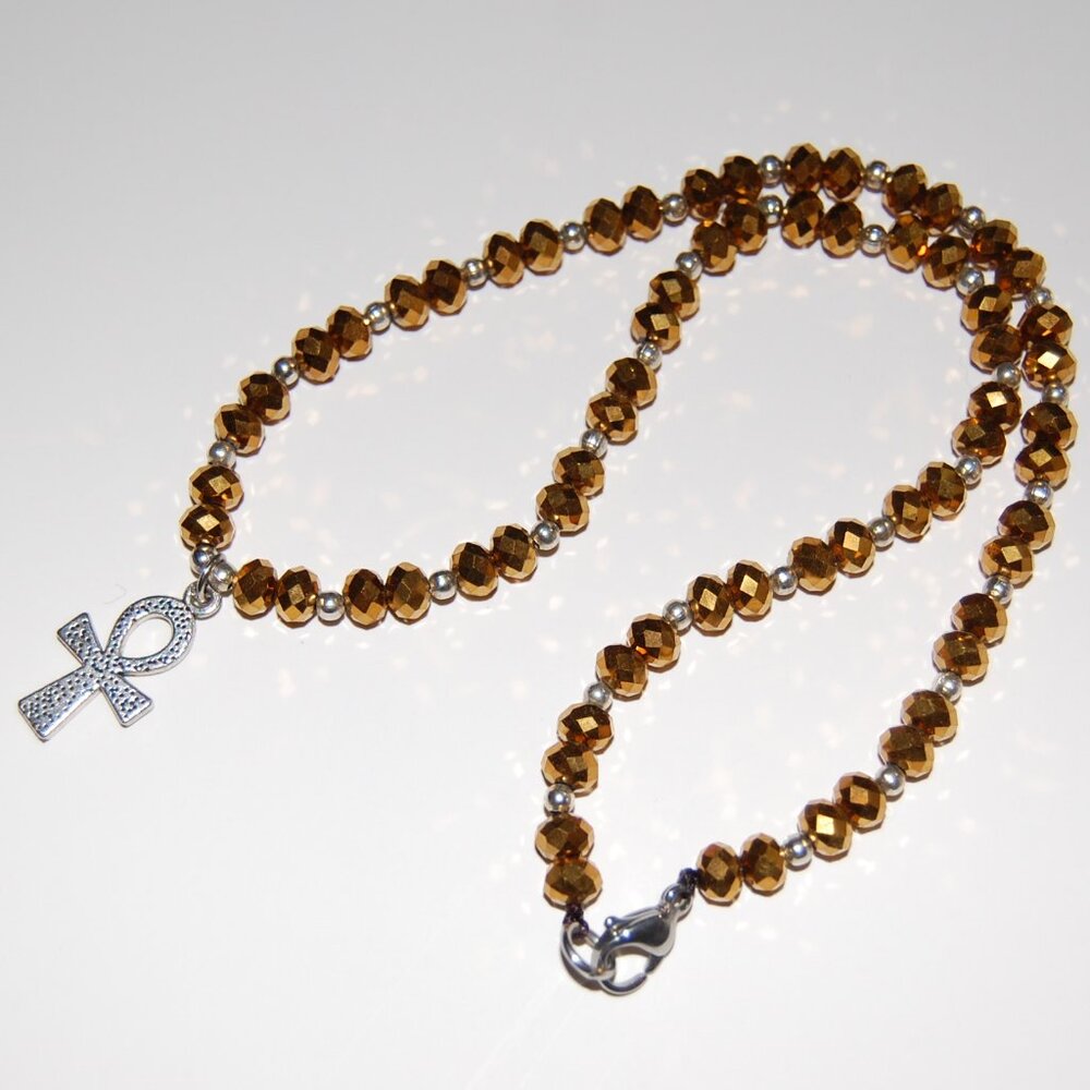 Ankh Cross Necklace,Glass Beaded Necklace,Golden Necklace